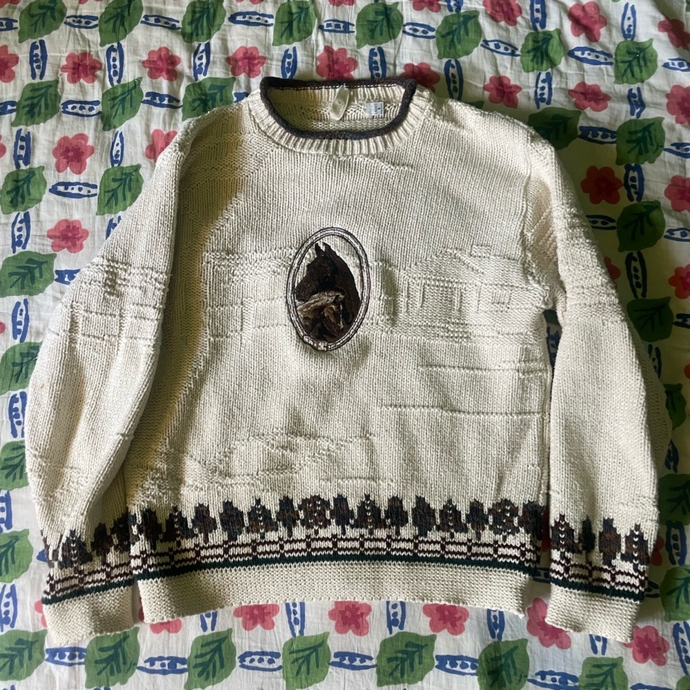 Vintage Cream Horse Sweater with Brown Accents